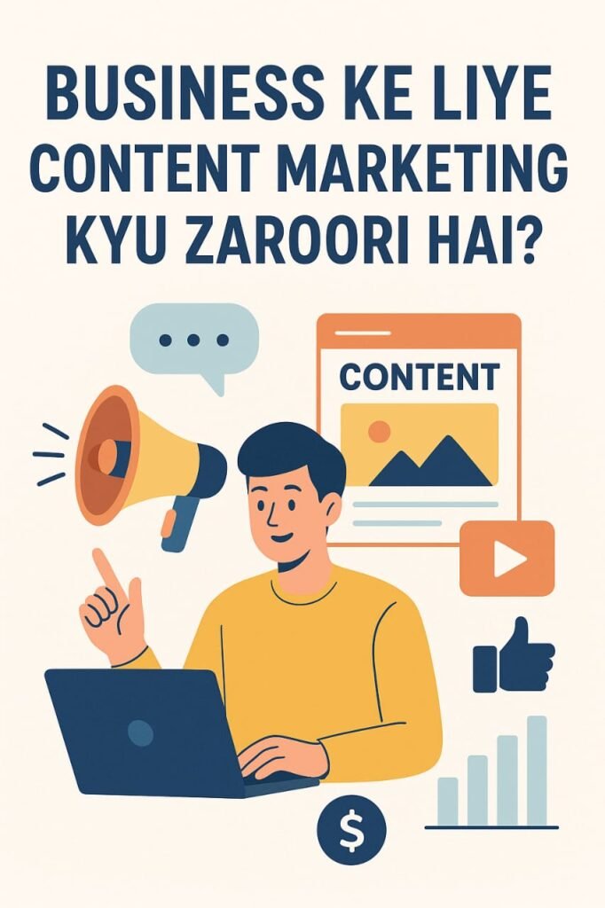 Business ke liye content marketing kyu zaroori hai infographic jisme ek aadmi laptop pr kaam kar raha hai aur uske aas-paas megaphone, content page, thumbs up, video aur growth chart ke icons bane hain Content Marketing Kya Hai.