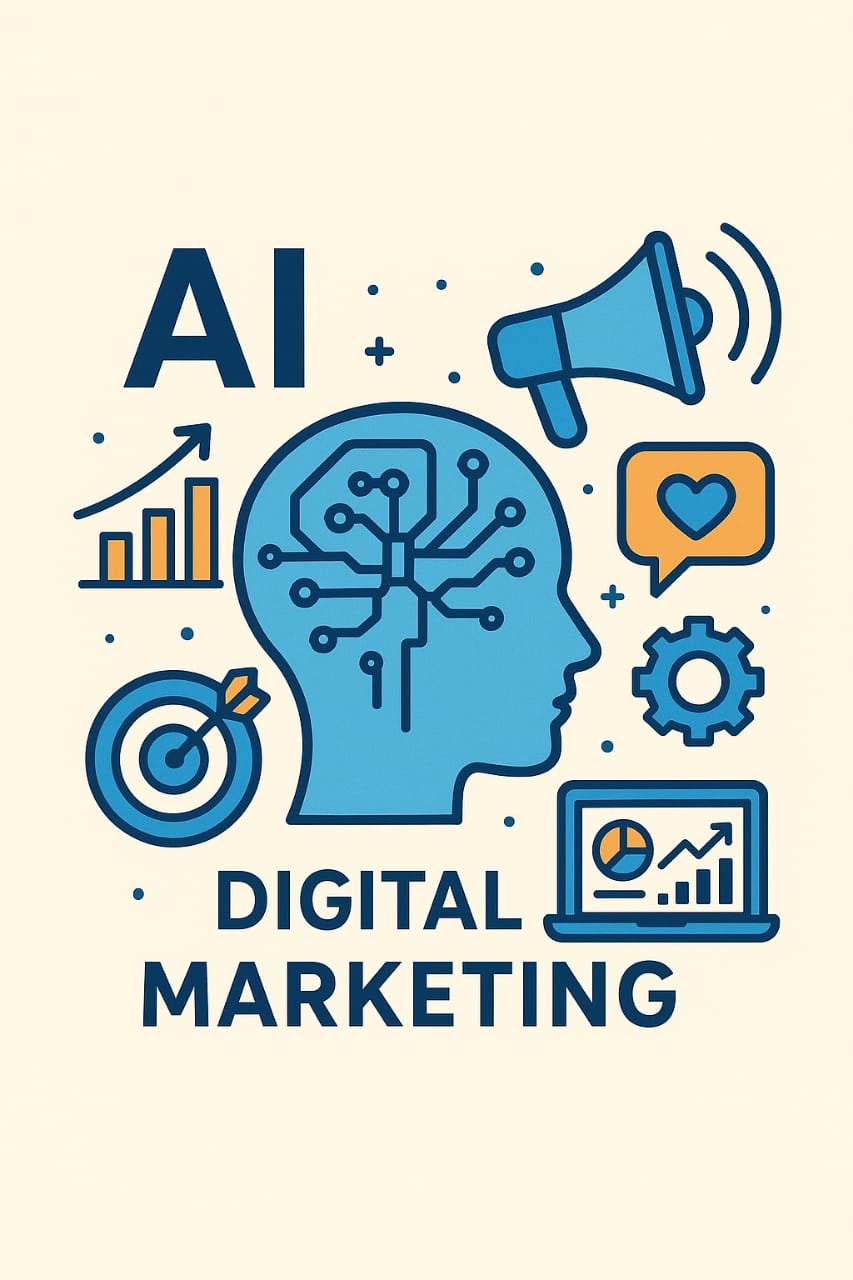 AI and digital marketing illustration with human head circuit, growth chart, megaphone, target, heart icon, gear, and laptop with analytics AI aur Digital Marketing: Online Business Ka Future
