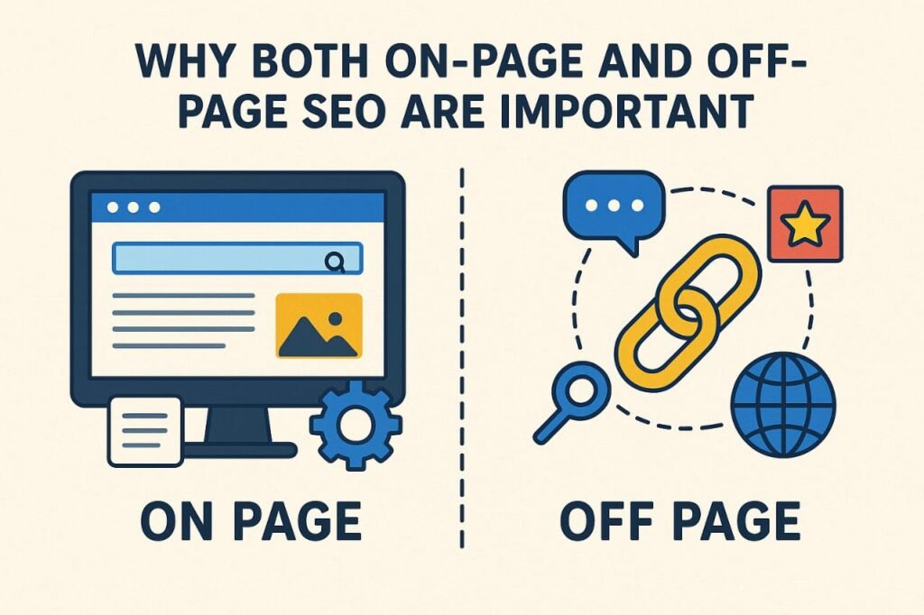 On-page and off-page SEO comparison infographic with icons of a webpage, gear, chain link, globe, and chat bubble On-Page SEO vs Off-Page SEO: Complete Guide