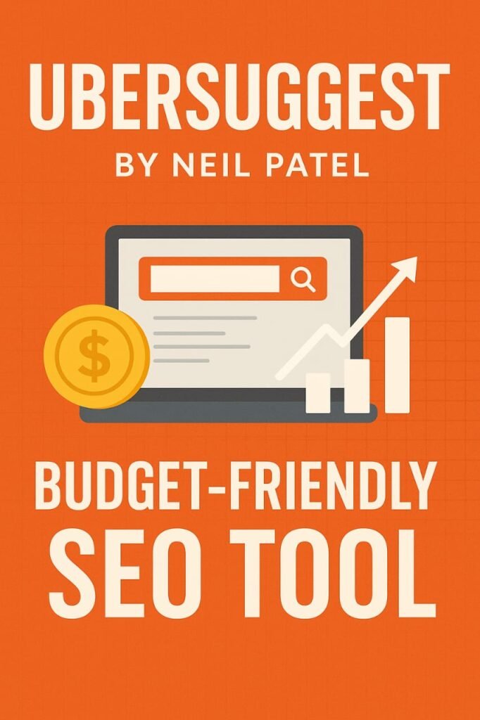 Ubersuggest by Neil Patel – Budget-friendly SEO tool illustration with laptop, coin, and growth chart Best SEO Tools in 2025 for Beginners | Complete Guide.