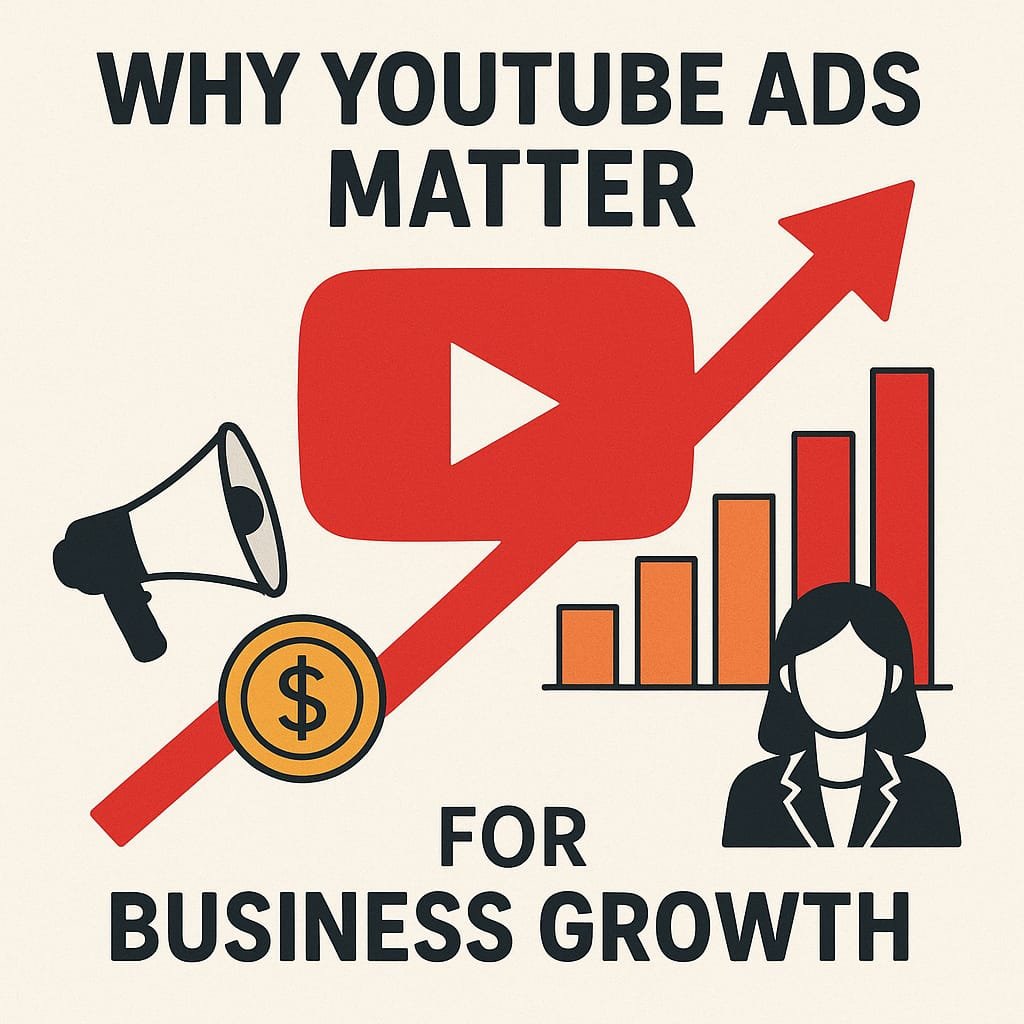Illustration of YouTube ads boosting business growth with laptop screen, growth charts, and coins. YouTube Ads for Business Growth