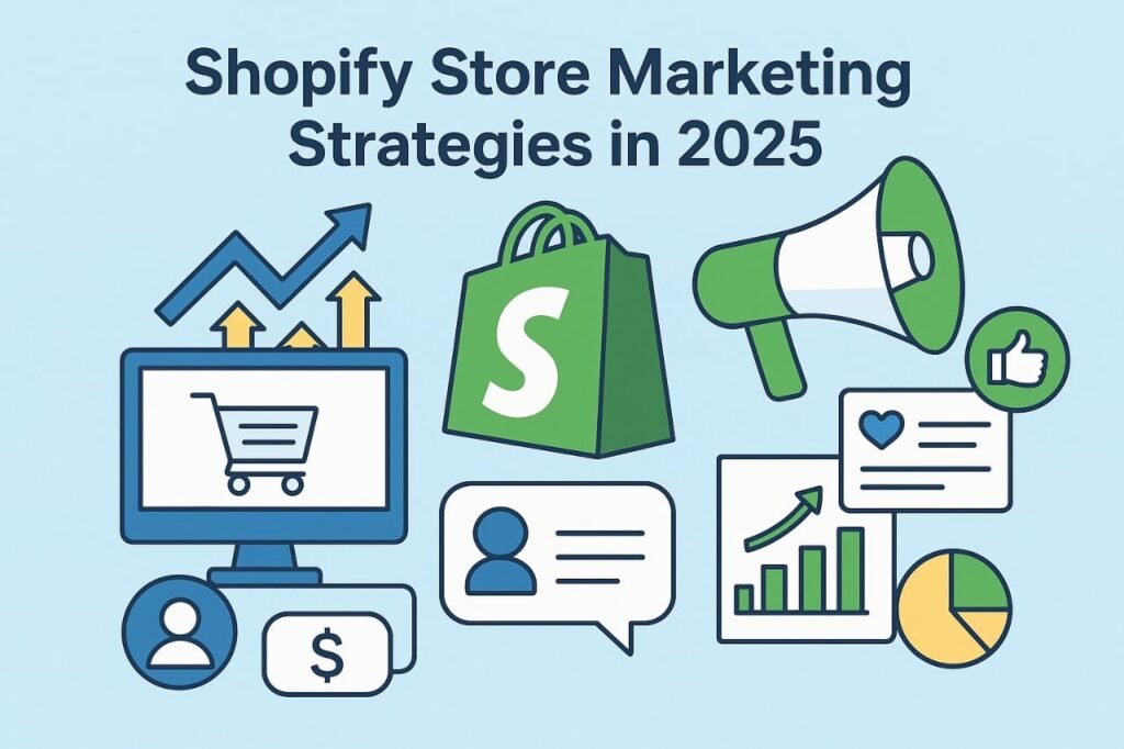 Shopify Store Marketing Strategies in 2025 infographic with icons of shopping cart, Shopify logo, megaphone, charts, likes, and communication bubbles Shopify Store Marketing Strategies in 2025