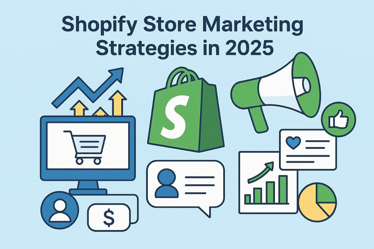 Shopify Store Marketing Strategies in 2025 infographic with icons of shopping cart, Shopify logo, megaphone, charts, likes, and communication bubbles Shopify Store Marketing Strategies in 2025