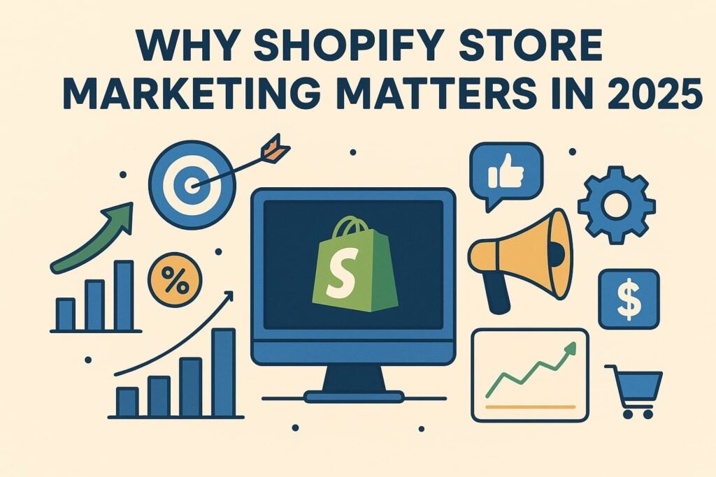 Infographic showing why Shopify store marketing matters in 2025 with growth charts, target, megaphone, shopping cart, and Shopify logo. Shopify Store Marketing Strategies in 2025