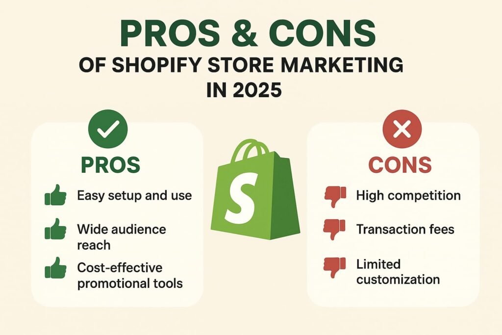 Infographic showing pros and cons of Shopify store marketing in 2025 with green and red sections Shopify Store Marketing Strategies in 2025