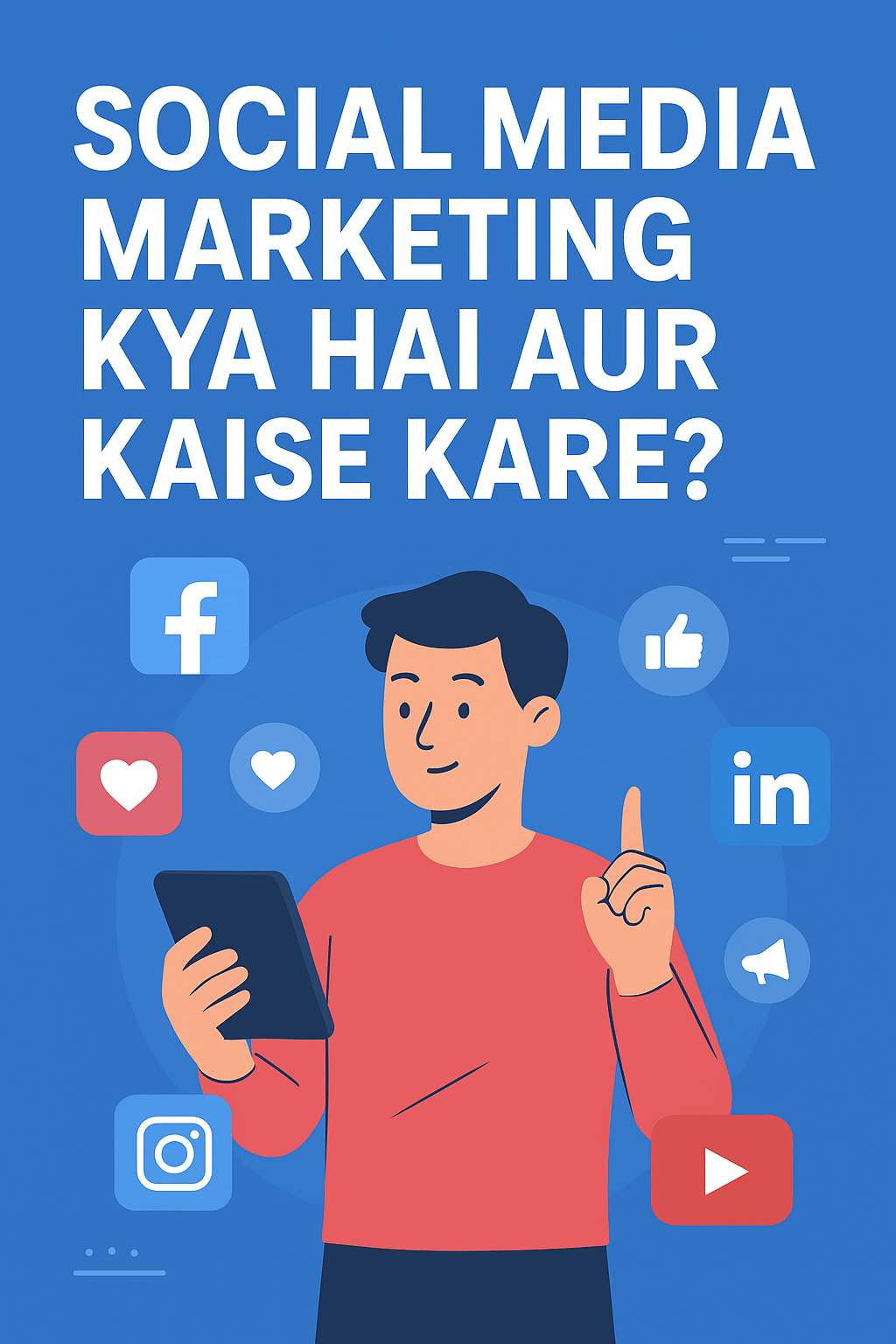Illustration of a man holding a smartphone surrounded by social media icons like Facebook, Instagram, LinkedIn, and YouTube, with Hindi text 'Social Media Marketing Kya Hai Aur Kaise Kare' on a blue background." Social Media Marketing Kya Hai Aur Kaise Kare