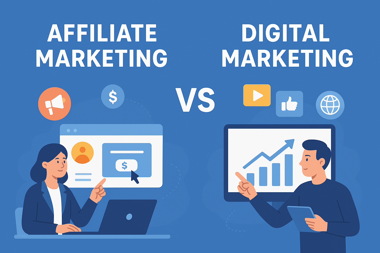 A flat-style illustration comparing Affiliate Marketing and Digital Marketing, with a woman working on affiliate tasks on the left and a man analyzing digital marketing stats on the right. Affiliate Marketing vs Digital Marketing Better?