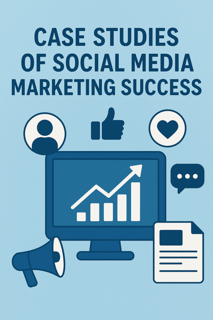Illustration showing a computer monitor with a rising bar graph, surrounded by social media icons including a user profile, thumbs up, heart, chat bubble, megaphone, and a document, representing case studies of social media marketing success. Social Media Marketing Kya Hai Aur Kaise Kare