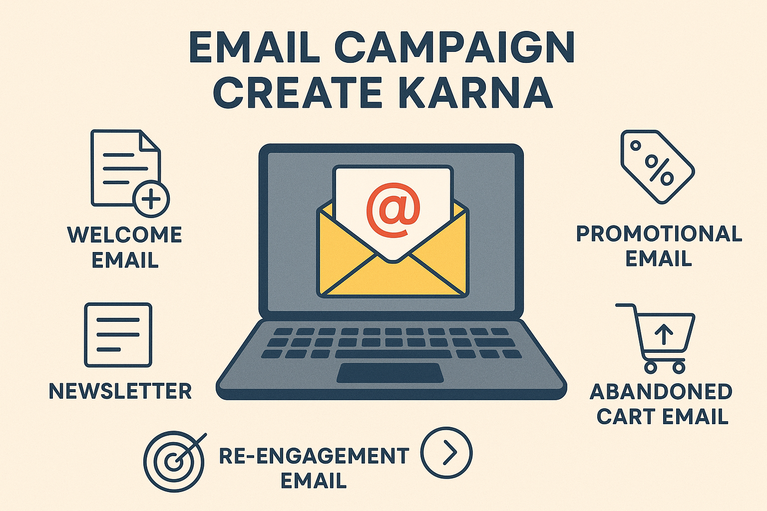 Infographic on "Email Campaign Create Karna" showing a laptop with an envelope and "@" symbol in the center, surrounded by icons representing different email campaign types: Welcome Email, Newsletter, Promotional Email, Abandoned Cart Email, and Re-engagement Email. Email Marketing Kya Hai Aur Kaise Start Kare?