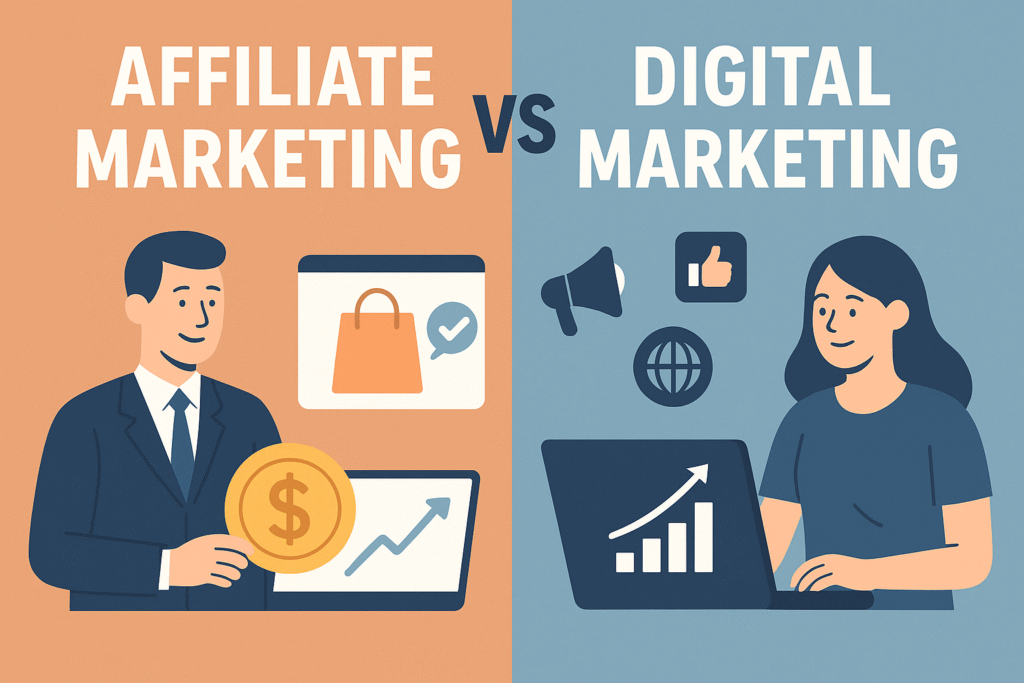 Illustration comparing Affiliate Marketing and Digital Marketing with visual icons and characters on each side. Affiliate Marketing vs Digital Marketing Better?