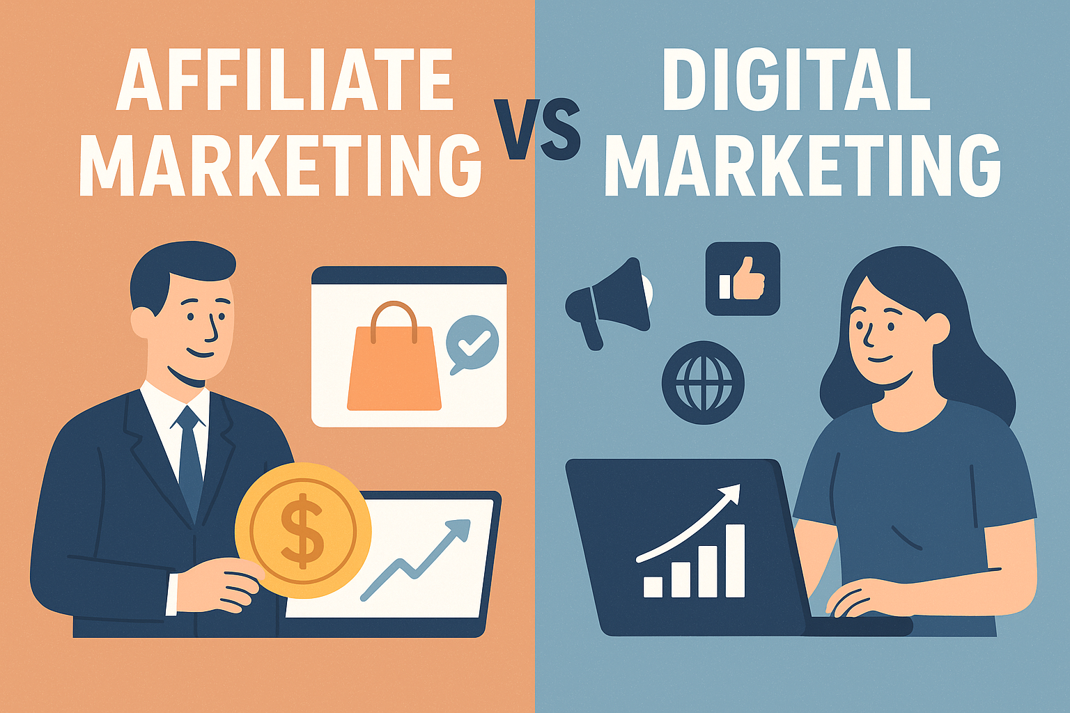 Illustration comparing Affiliate Marketing and Digital Marketing with visual icons and characters on each side. Affiliate Marketing vs Digital Marketing Better?