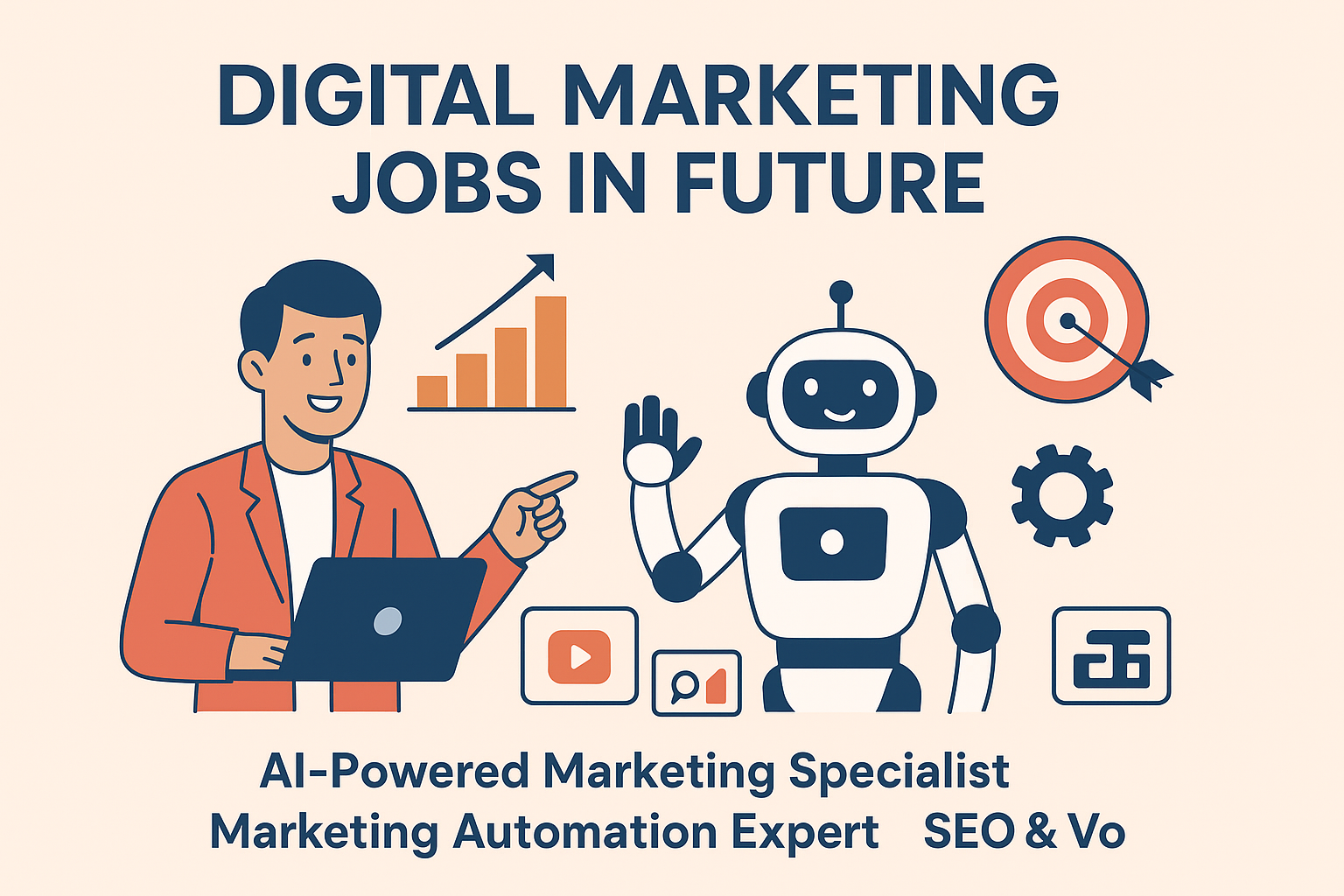 Future of digital marketing jobs illustration featuring a human marketer with laptop, AI robot, growth chart, and job roles like AI specialist and automation expert Digital Marketing Ka Future: Jobs, AI & Automation.