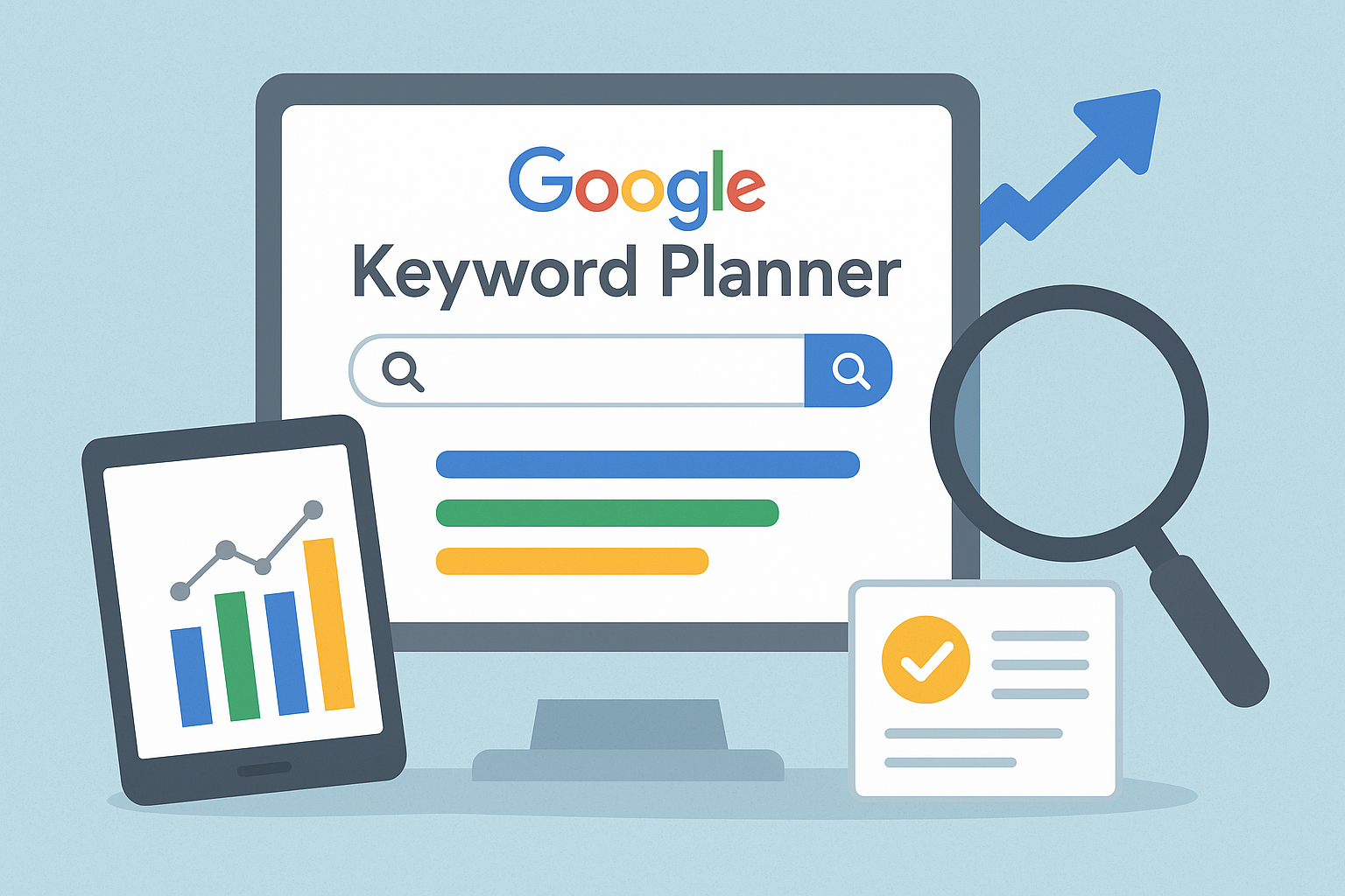 Illustration of Google Keyword Planner with charts, magnifying glass, and search results on a computer screen. Best Keyword Research Tools in 2025