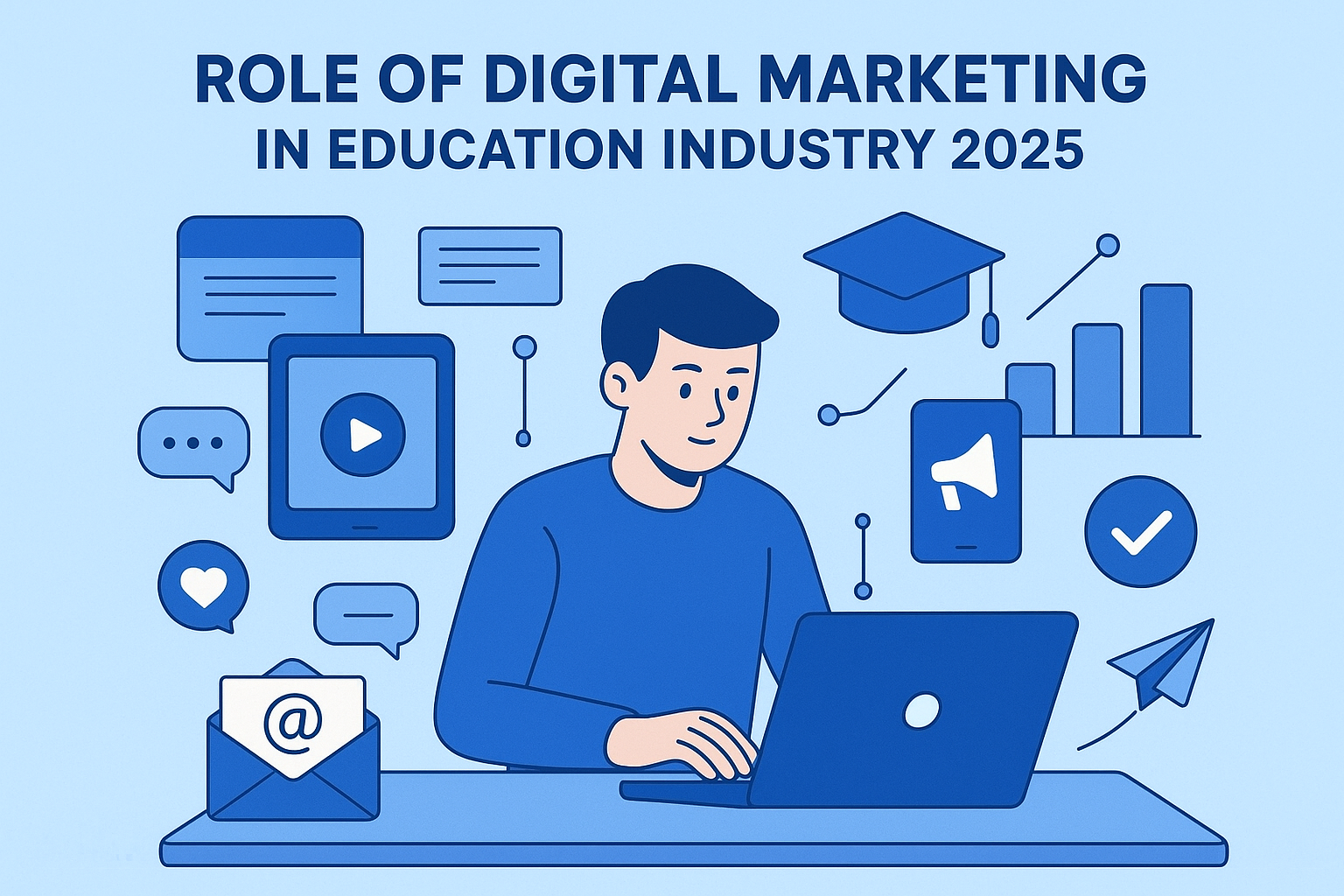 Illustration of a student using a laptop with digital marketing icons like email, social media, video, analytics, and graduation cap, representing the role of digital marketing in the education industry 2025. Role of Digital Marketing Education Industry 2025