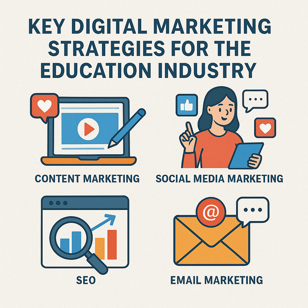 Infographic showing four key digital marketing strategies for the education industry – Content Marketing (laptop with video), Social Media Marketing (woman with tablet and social icons), SEO (magnifying glass over chart), and Email Marketing (envelope with at-symbol). Role of Digital Marketing Education Industry 2025