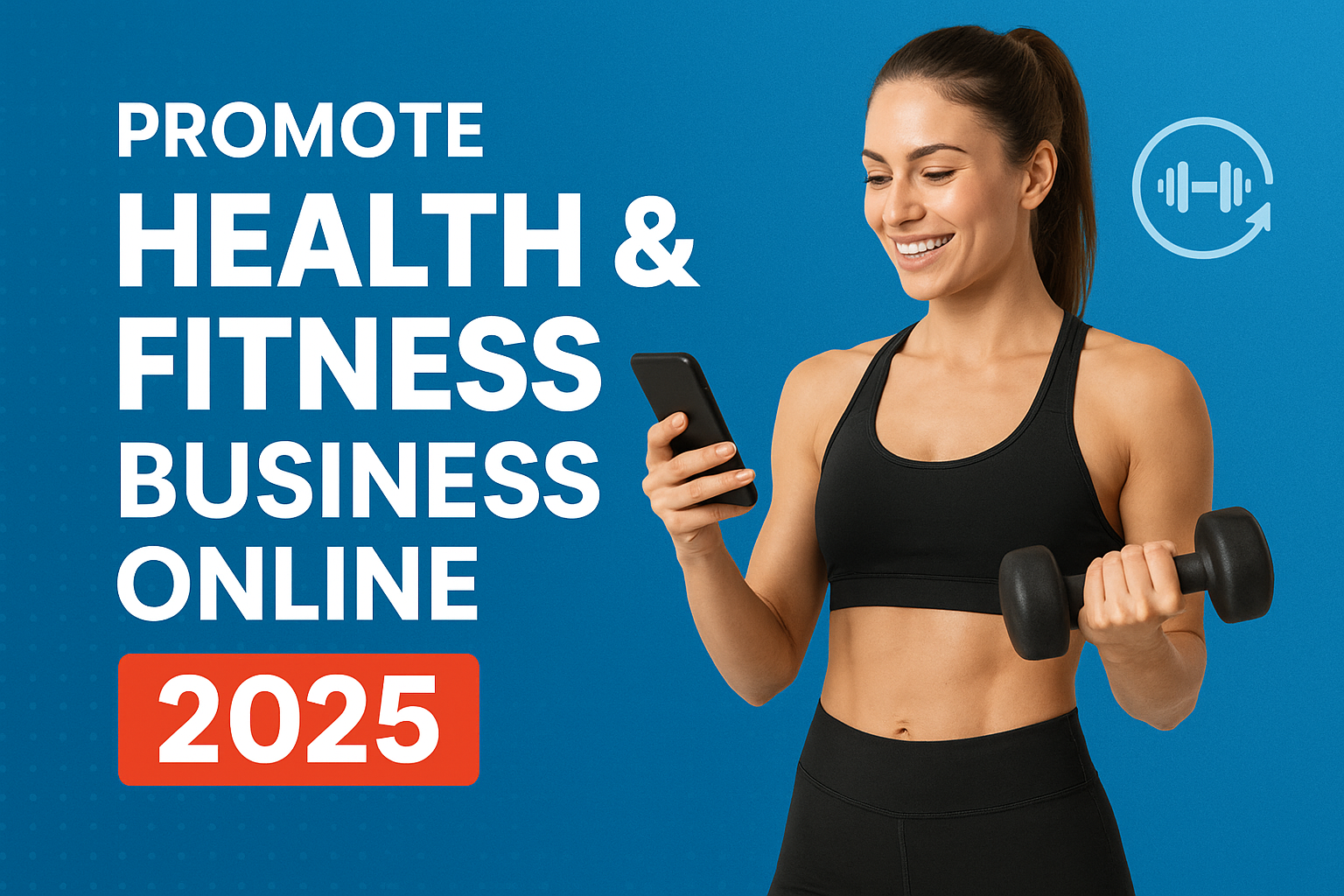 A young fit woman in a black sports outfit smiles while holding a dumbbell in one hand and a smartphone in the other, with the text “Promote Health & Fitness Business Online 2025” on a blue background. Promote Health & Fitness Business Online in 2025