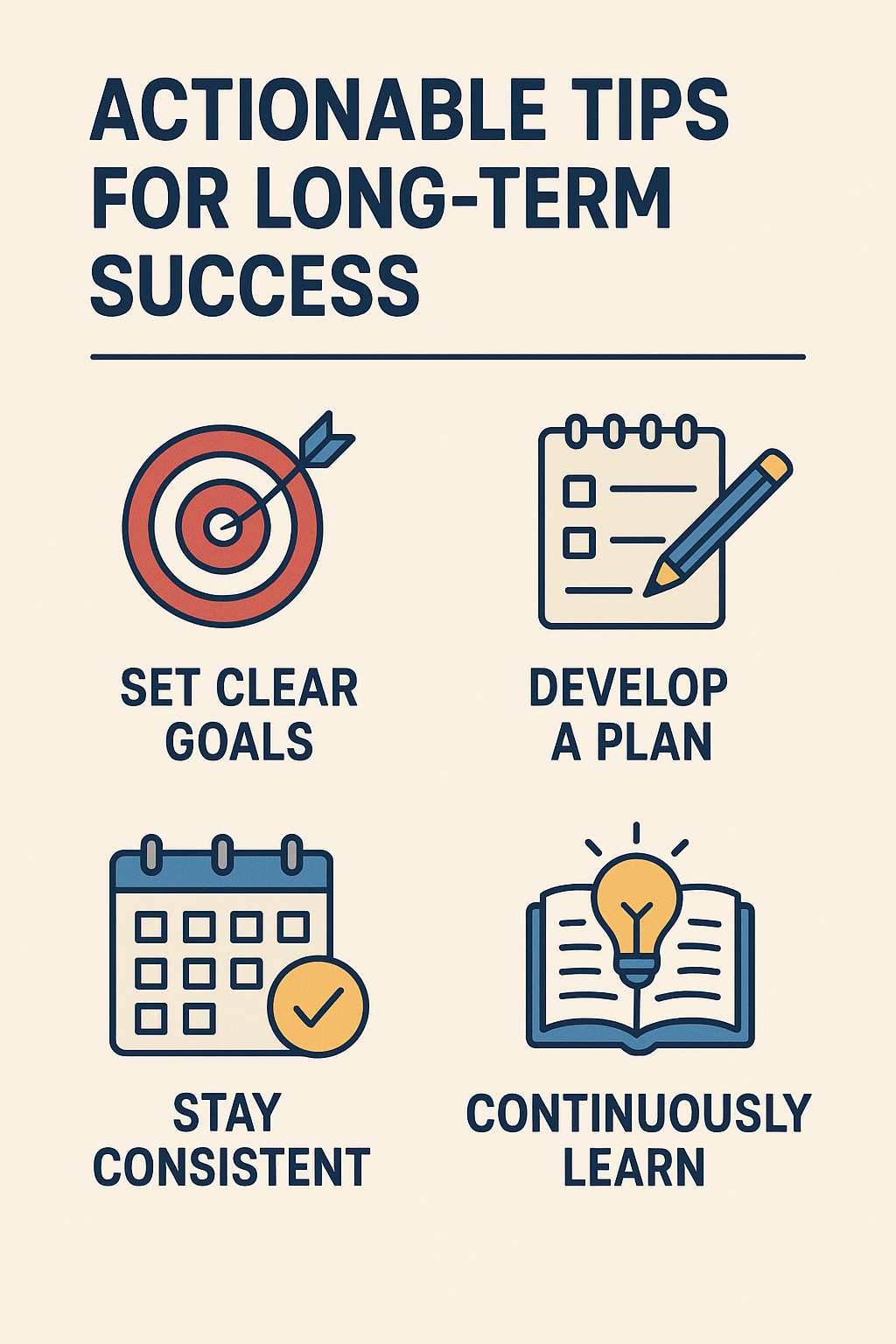 Infographic showing four actionable tips for long-term success with icons representing goals, planning, consistency, and learning. Promote Health & Fitness Business Online in 2025