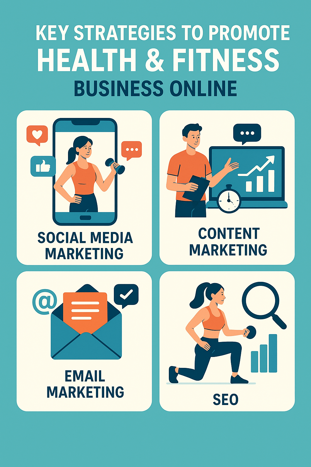 Infographic showing key strategies to promote a health and fitness business online, including social media marketing, content marketing, email marketing, and SEO, with fitness-themed illustrations. Promote Health & Fitness Business Online in 2025