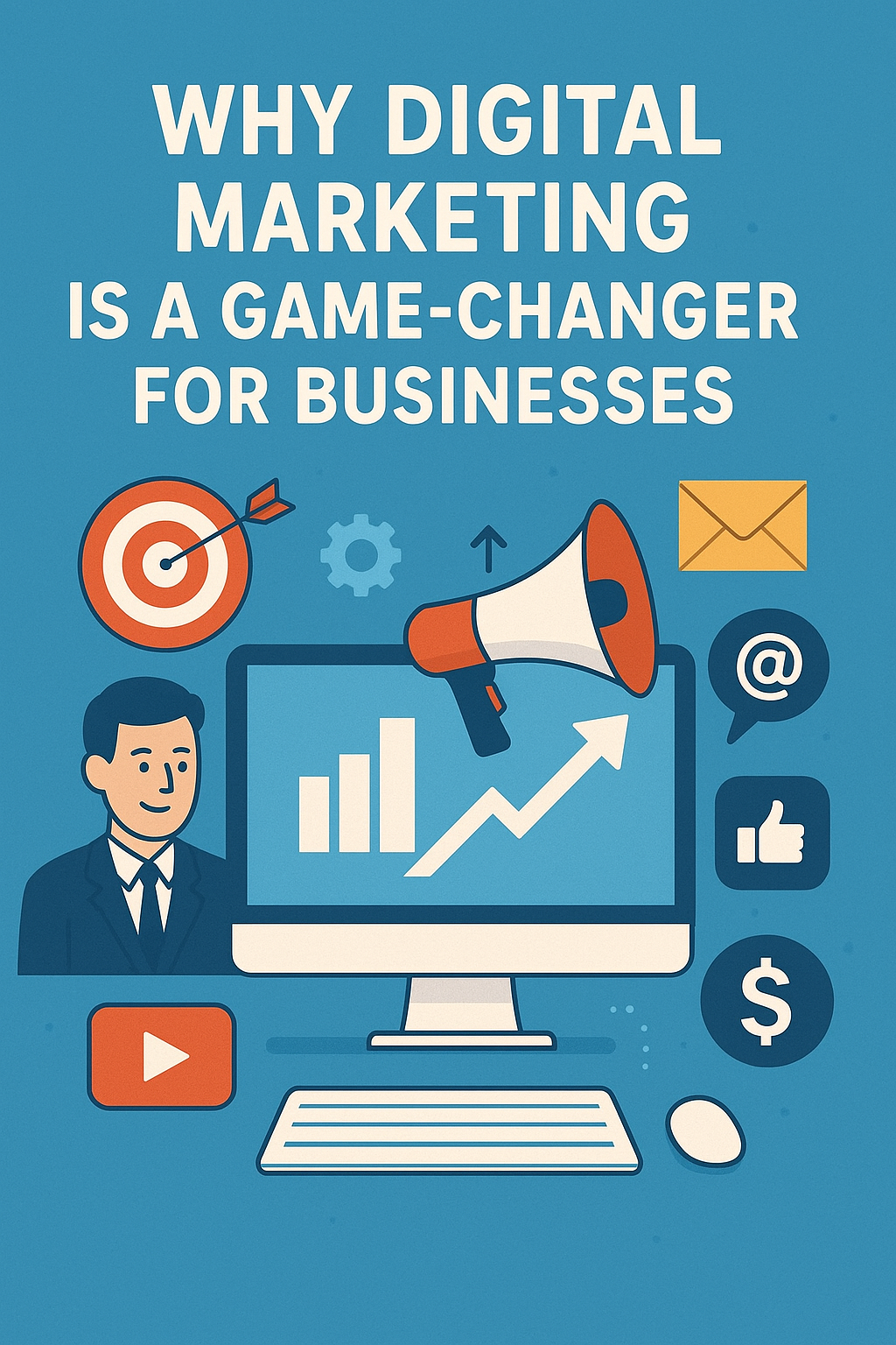 Infographic showing why digital marketing is a game-changer for businesses, featuring icons like a target, megaphone, email, social media, and a computer screen with growth chart. How Digital Marketing Helped a Business Grow