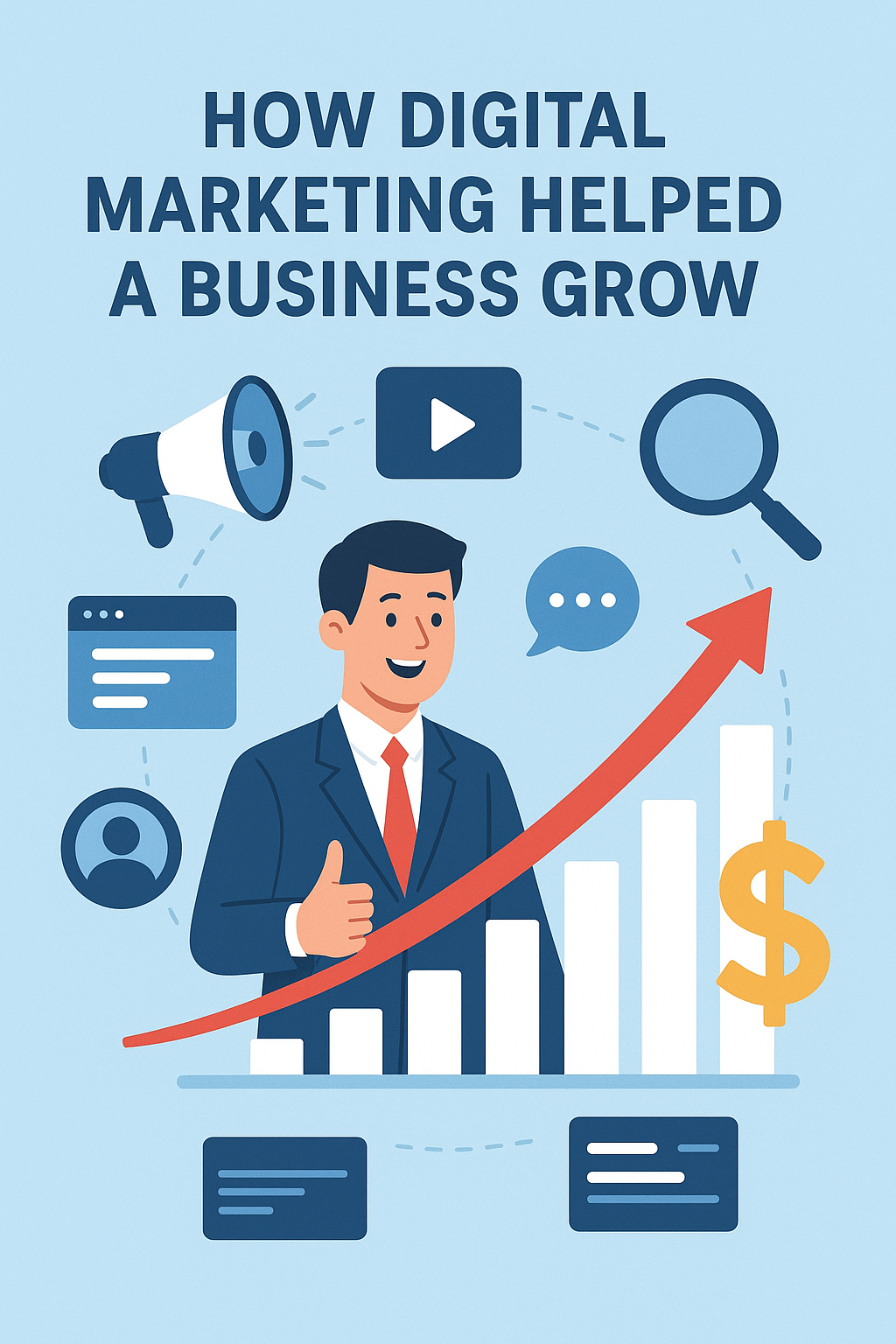 A businessman in a suit stands beside a rising bar graph with a red upward arrow, surrounded by digital marketing icons like SEO, social media, video, and ads, symbolizing business growth through digital marketing. How Digital Marketing Helped a Business Grow