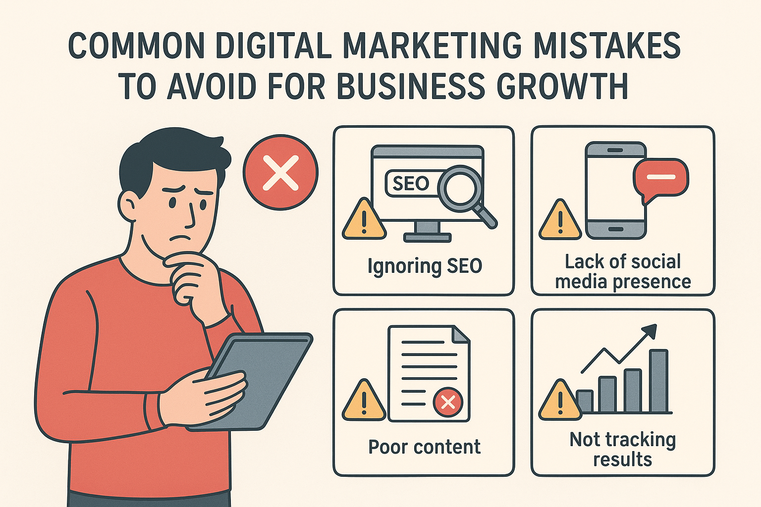 Alt Text: Infographic showing common digital marketing mistakes to avoid for business growth, including ignoring SEO, lack of social media presence, poor content, and not tracking results. Common Digital Marketing Mistakes Businesses Should Avoid