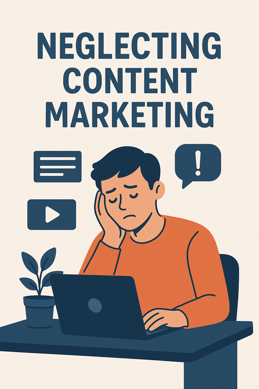 Illustration of a sad man sitting at a desk with a laptop, symbolizing the impact of neglecting content marketing. Common Digital Marketing Mistakes Avoid Business