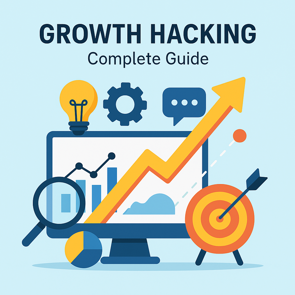 Growth hacking complete guide illustration with rising arrow, target, lightbulb, gear, magnifying glass, and computer screen showing charts. What is Growth Hacking? Complete Guide