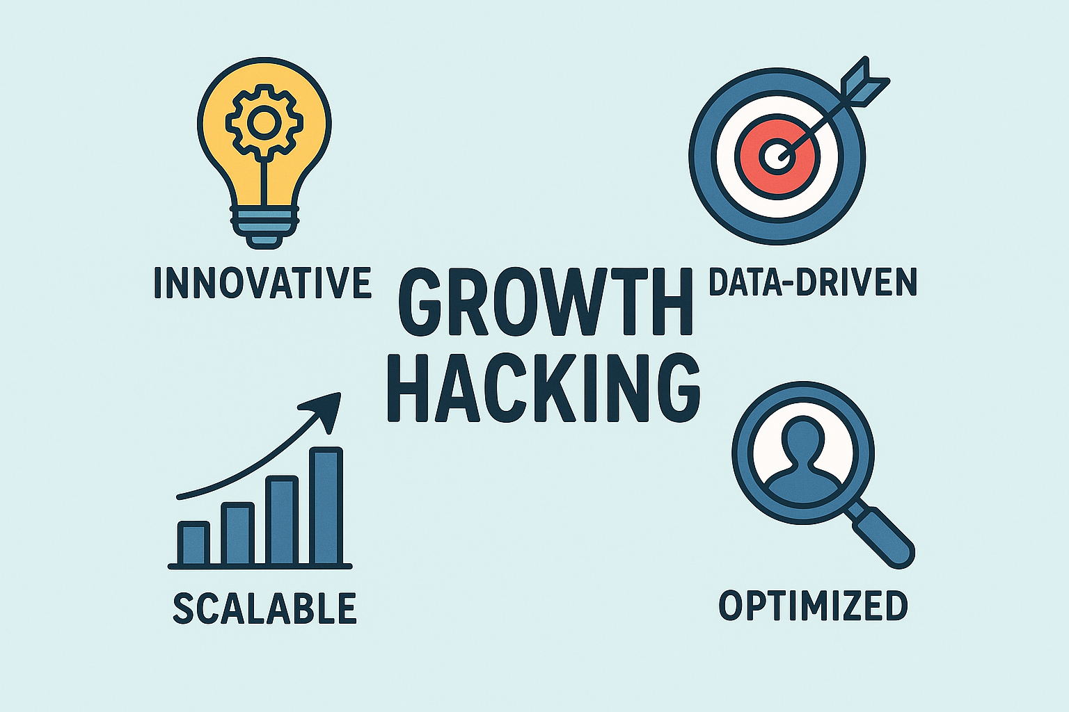 Infographic showing the key characteristics of growth hacking: innovative, data-driven, scalable, and optimized. What is Growth Hacking? Complete Guide