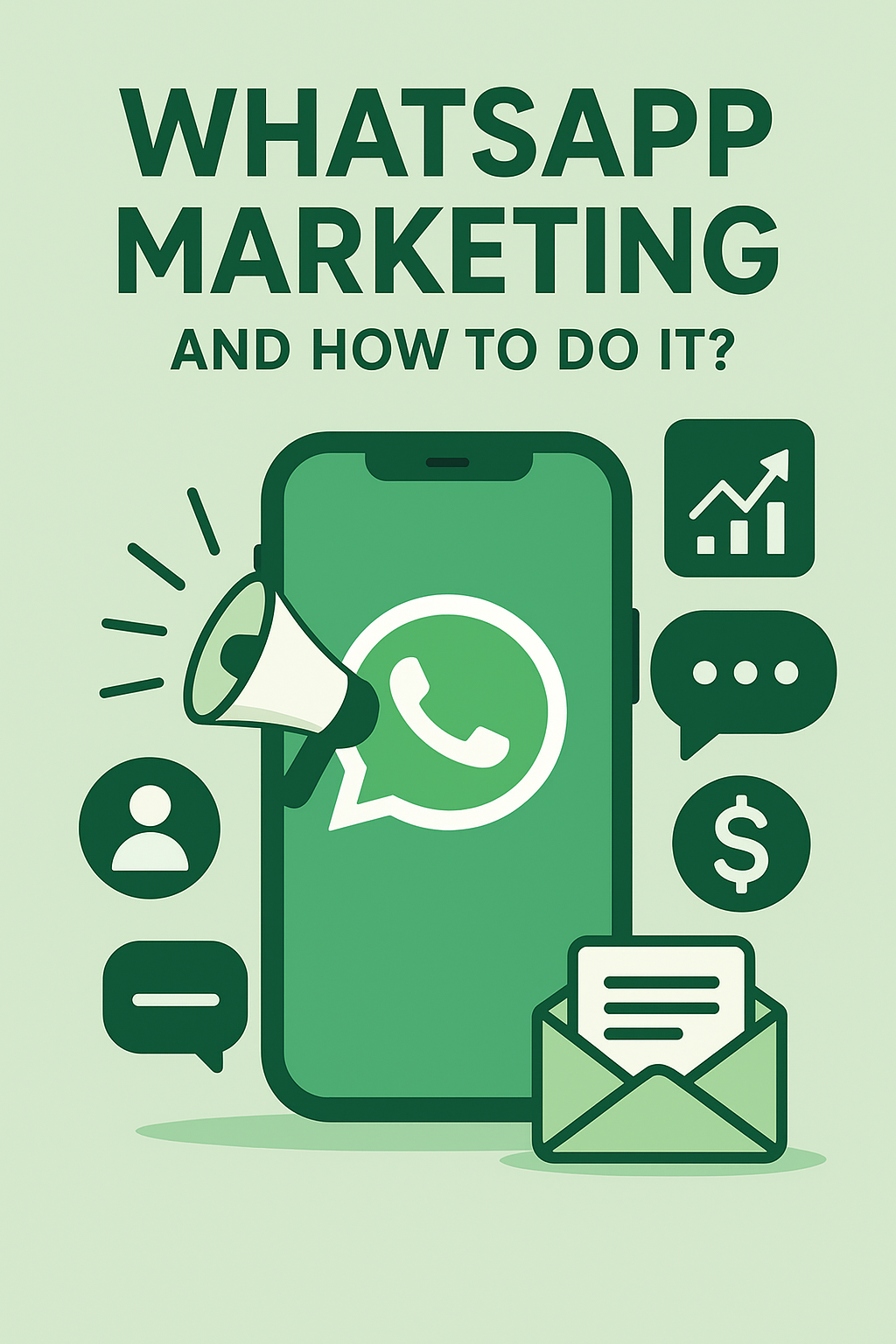 Flat-style illustration showing WhatsApp marketing concept with a smartphone displaying the WhatsApp logo, megaphone, chat bubbles, dollar sign, and growth chart icons. What is WhatsApp Marketing and How to Do It?