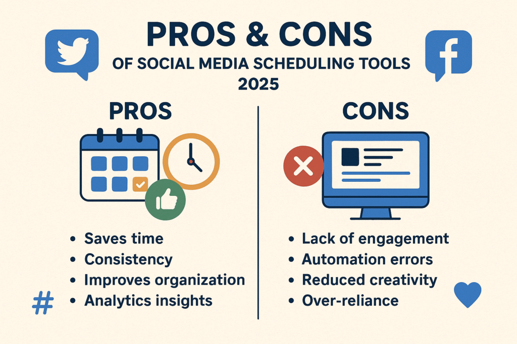 Flat-style infographic showing the pros and cons of social media scheduling tools in 2025. Best Social Media Scheduling Tools 2025