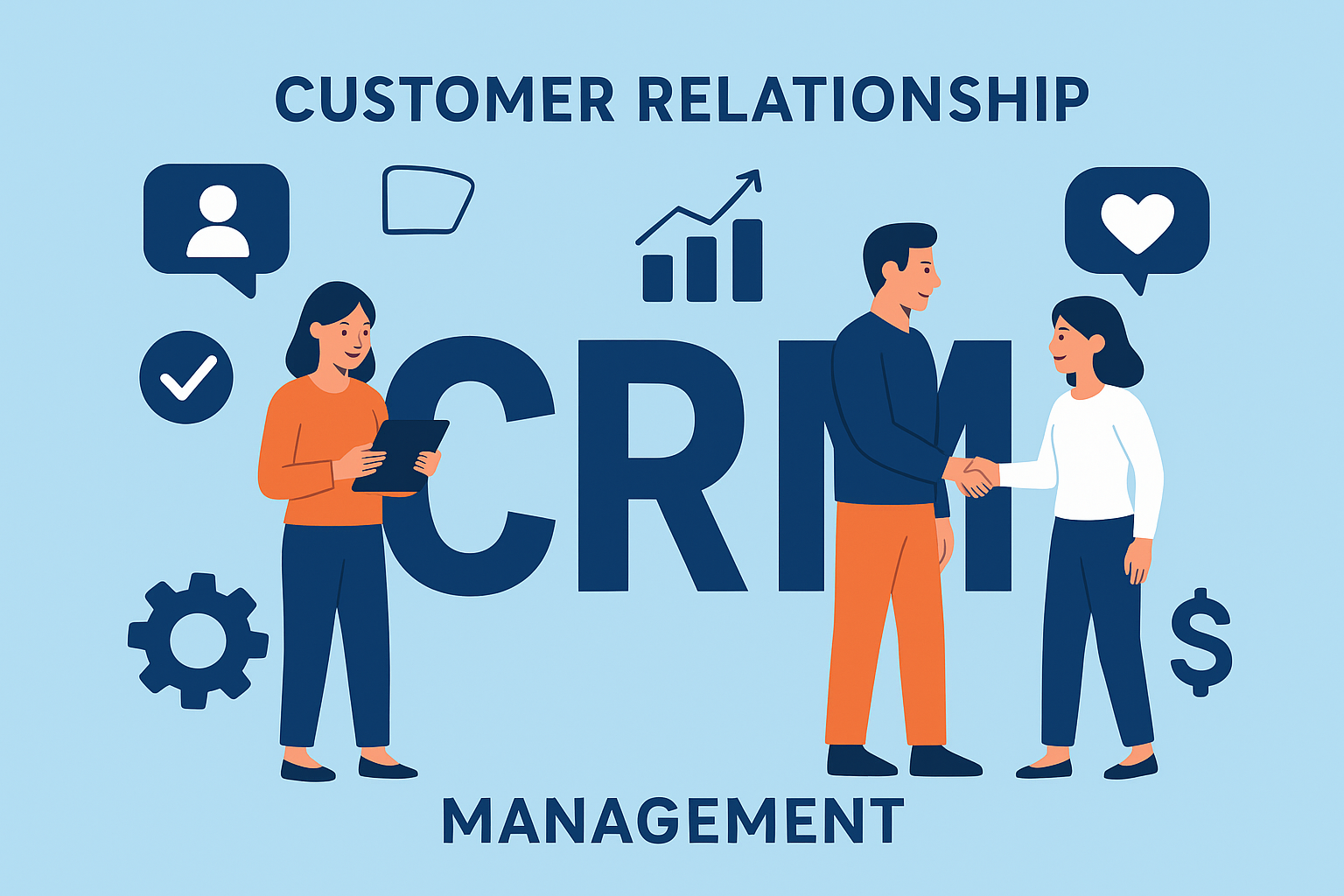 Illustration of CRM (Customer Relationship Management) concept showing people interacting with charts, icons, and handshake. What is CRM and Why It Matters for Businesses 2025