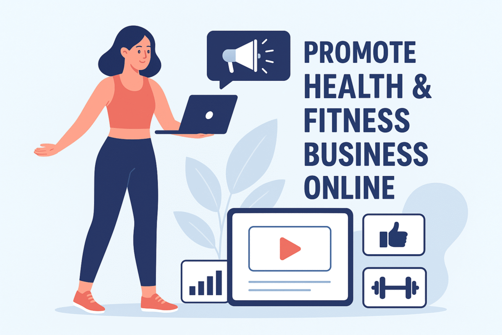 A flat-style digital illustration of a woman in workout clothes holding a laptop, with icons of social media, video play, dumbbell, and thumbs-up, alongside text that says “Promote Health & Fitness Business Online.” How to Promote Health & Fitness Business Online