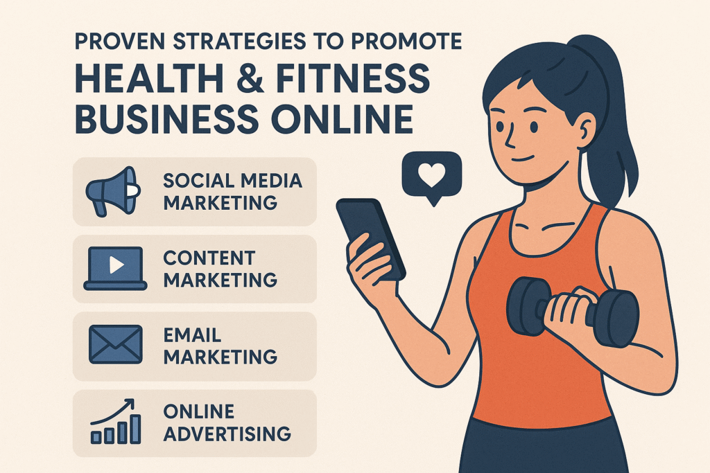 Infographic showing proven strategies to promote a health and fitness business online with icons and a woman holding a dumbbell while using her phone. How to Promote Health & Fitness Business Online