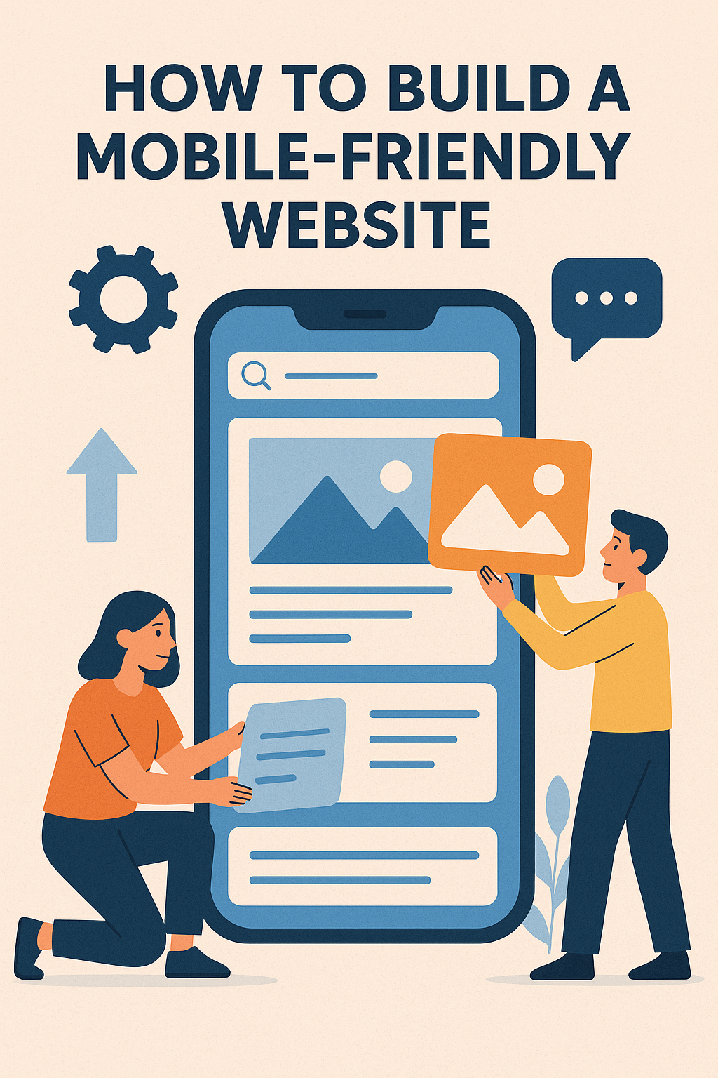 Illustration of two people building a mobile-friendly website on a large smartphone screen, adding text and images with design icons around. How to Build a Mobile Friendly Website
