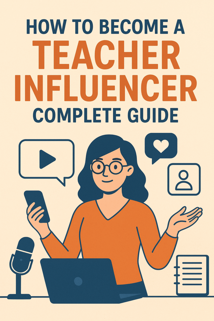 Illustration of a teacher influencer guide cover featuring a female teacher holding a phone, with icons of social media, video, and teaching tools around her, and bold text reading "How to Become a Teacher Influencer Complete Guide." How to Become a Teacher Influencer Complete Guide