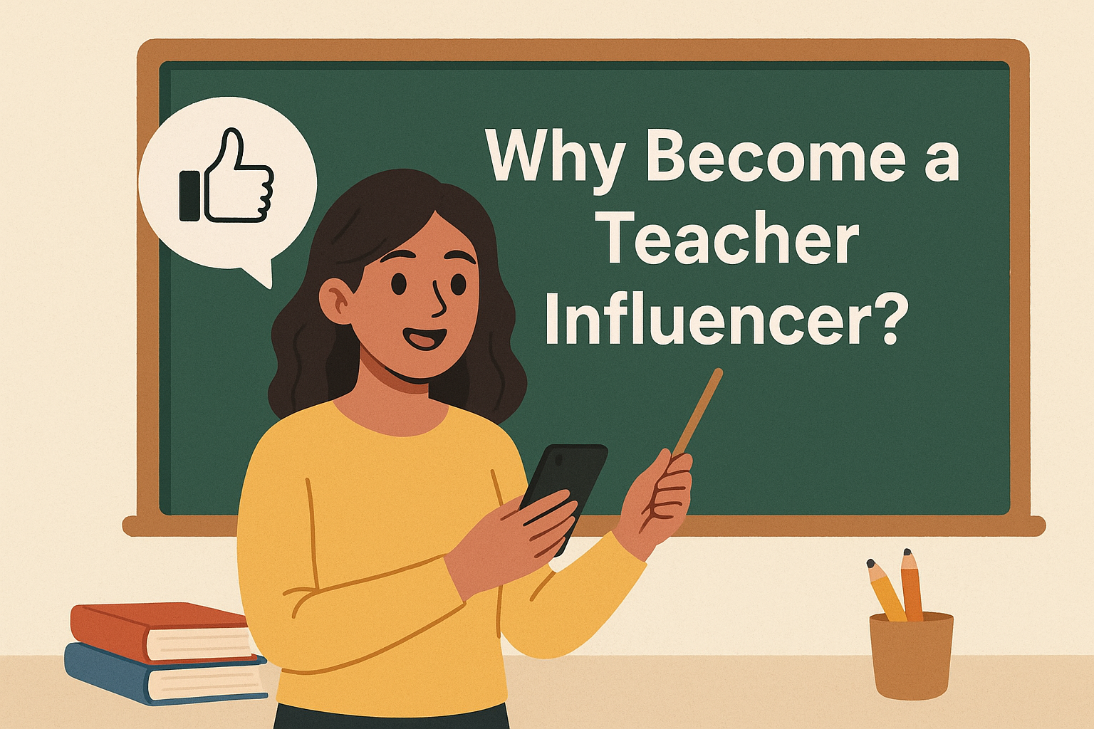 A young female teacher influencer stands in front of a chalkboard with the text "Why Become a Teacher Influencer?" while holding a smartphone and a pointer stick, with books and pencils nearby. How to Become a Teacher Influencer Complete Guide