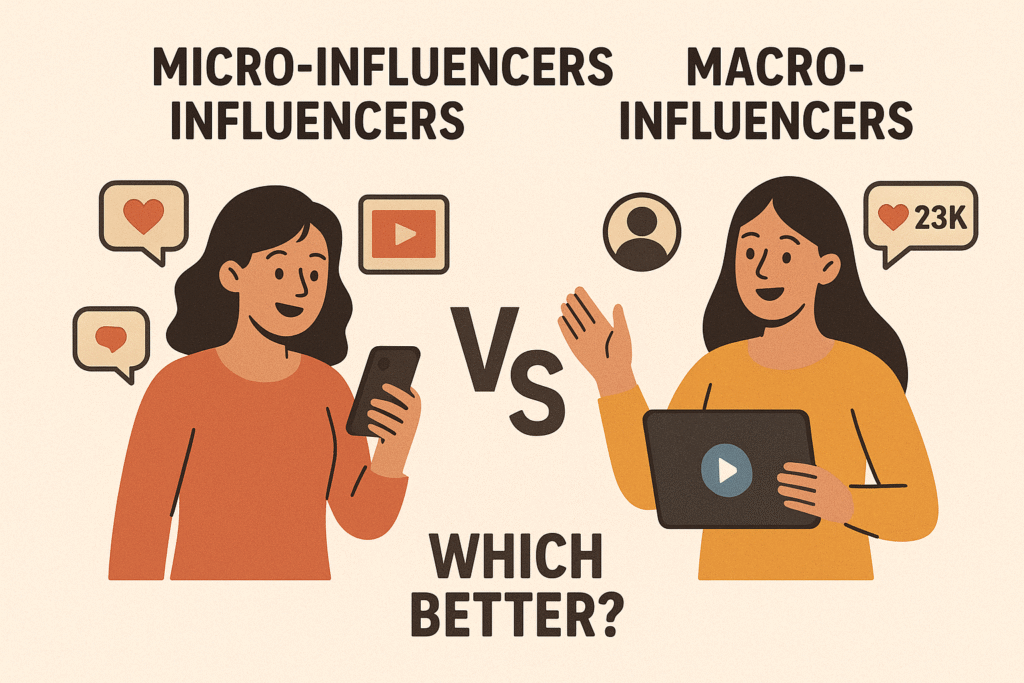 Illustration comparing micro-influencers and macro-influencers, showing two women using digital devices with social media icons and the text “Which Better?” in the center. Micro-Influencers Macro-Influencers Which Better?