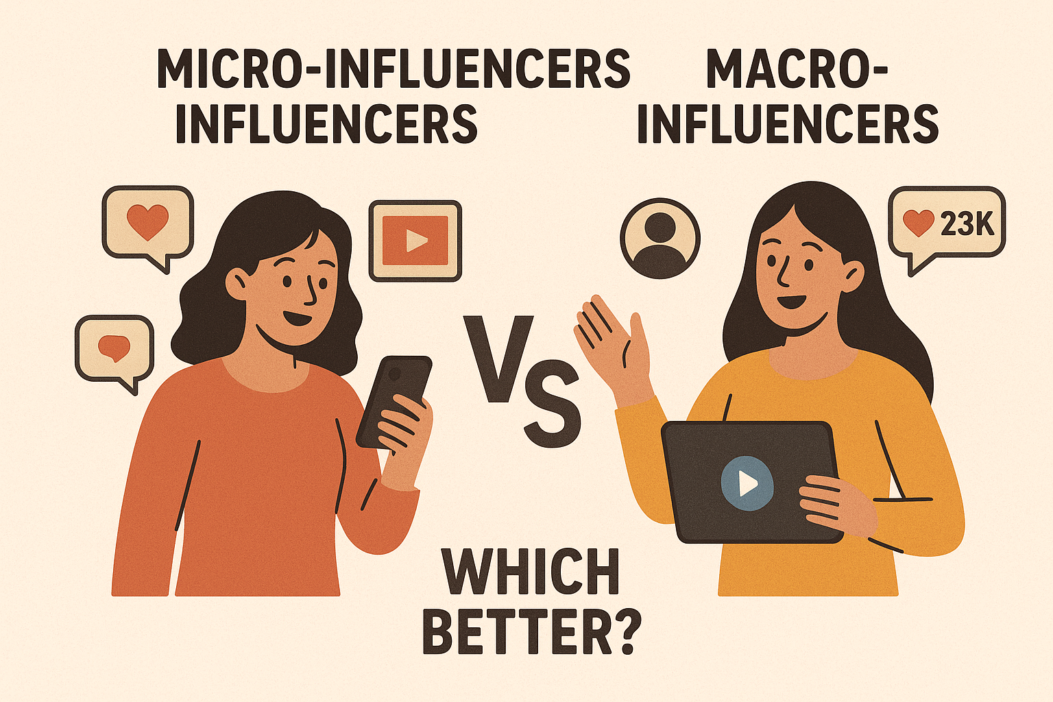 Illustration comparing micro-influencers and macro-influencers, showing two women using digital devices with social media icons and the text “Which Better?” in the center. Micro-Influencers Macro-Influencers Which Better?