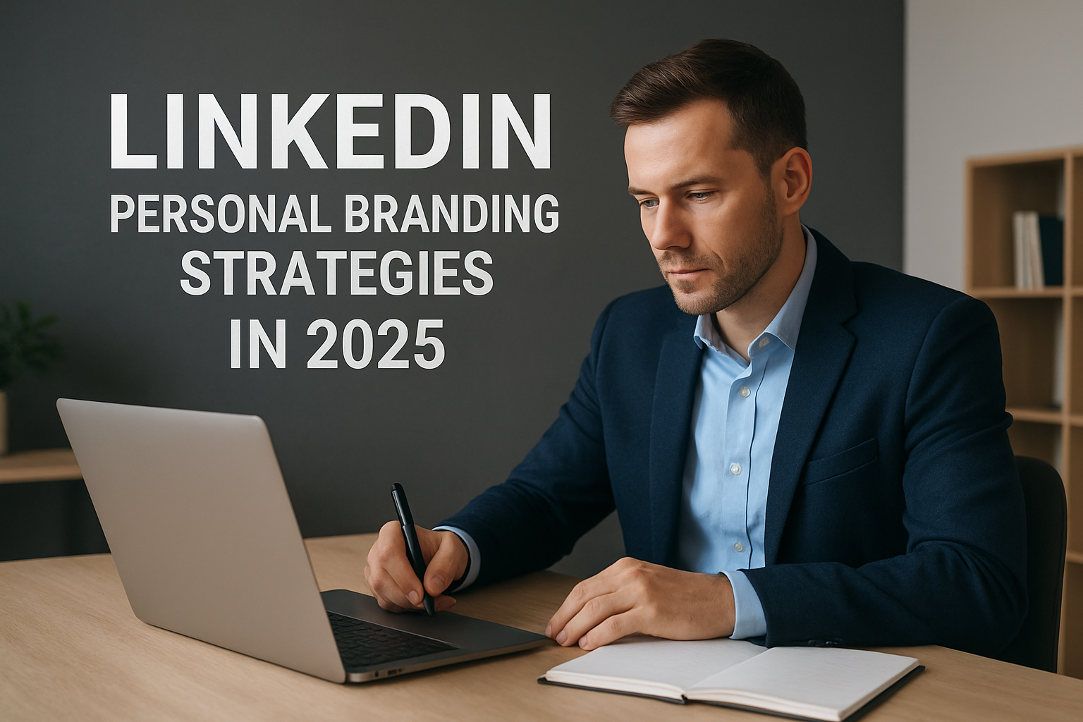 A professional man in a navy blazer works on his laptop while taking notes, planning LinkedIn personal branding strategies for 2025. LinkedIn Personal Branding Strategies in 2025