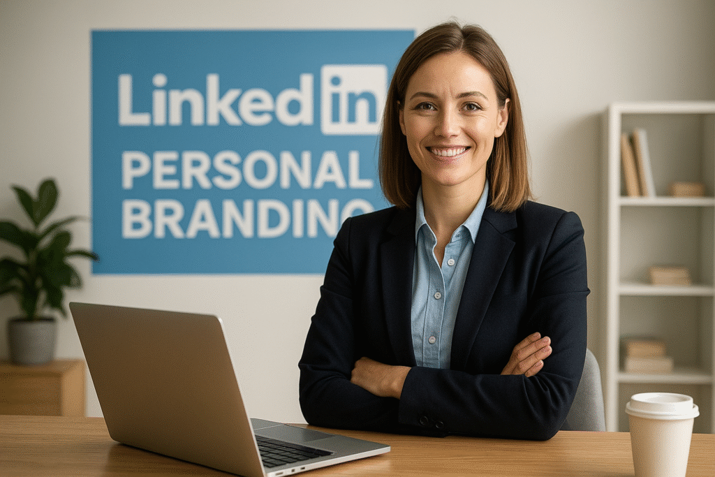 A professional woman in a dark blazer and light blue shirt sitting at a desk with a laptop, smiling confidently. Behind her is a blue sign that reads "LinkedIn Personal Branding." A coffee cup is on the desk, and a bookshelf and plant are visible in the background. LinkedIn Personal Branding Strategies in 2025