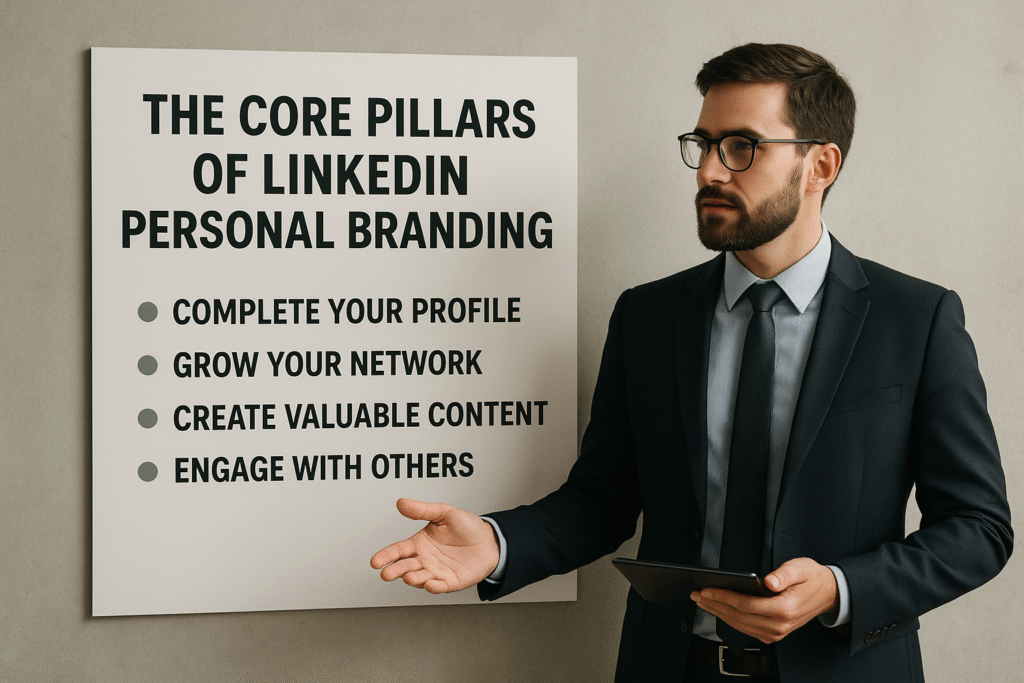 A professional man in a dark suit and glasses is holding a tablet and gesturing toward a wall poster. The poster lists "The Core Pillars of LinkedIn Personal Branding," which include: Complete Your Profile, Grow Your Network, Create Valuable Content, and Engage With Others. LinkedIn Personal Branding Strategies in 2025