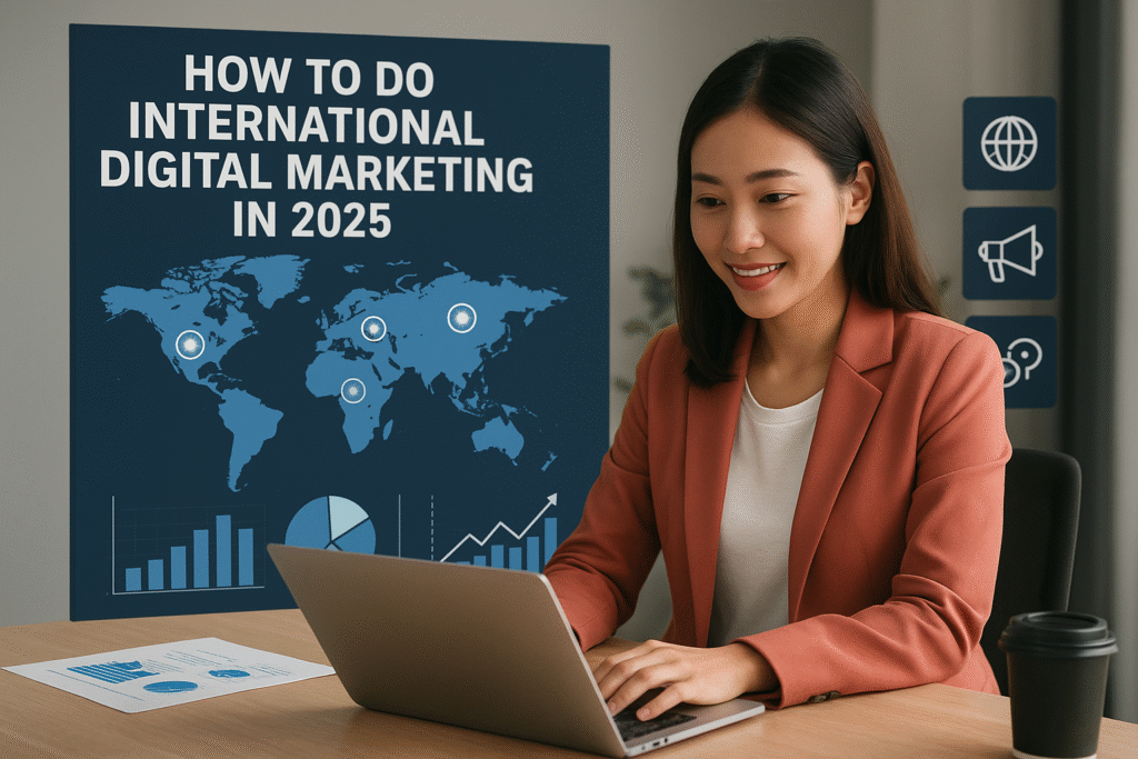 A young Asian woman working on a laptop in a modern office while analyzing global digital marketing trends on a presentation screen that reads “How to Do International Digital Marketing in 2025,” featuring a world map and data charts.