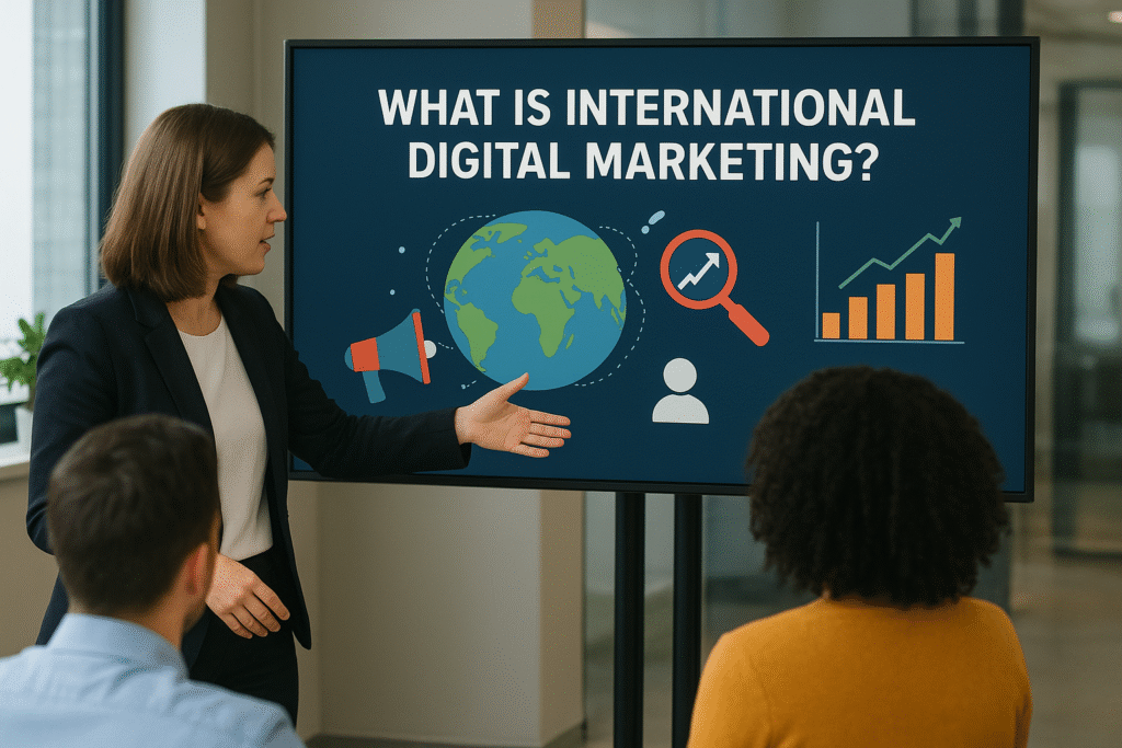 A marketing professional presents a slide titled “What Is International Digital Marketing?” featuring global marketing icons such as a globe, magnifying glass, bar chart, and megaphone during a business meeting. How to Do International Digital Marketing in 2025