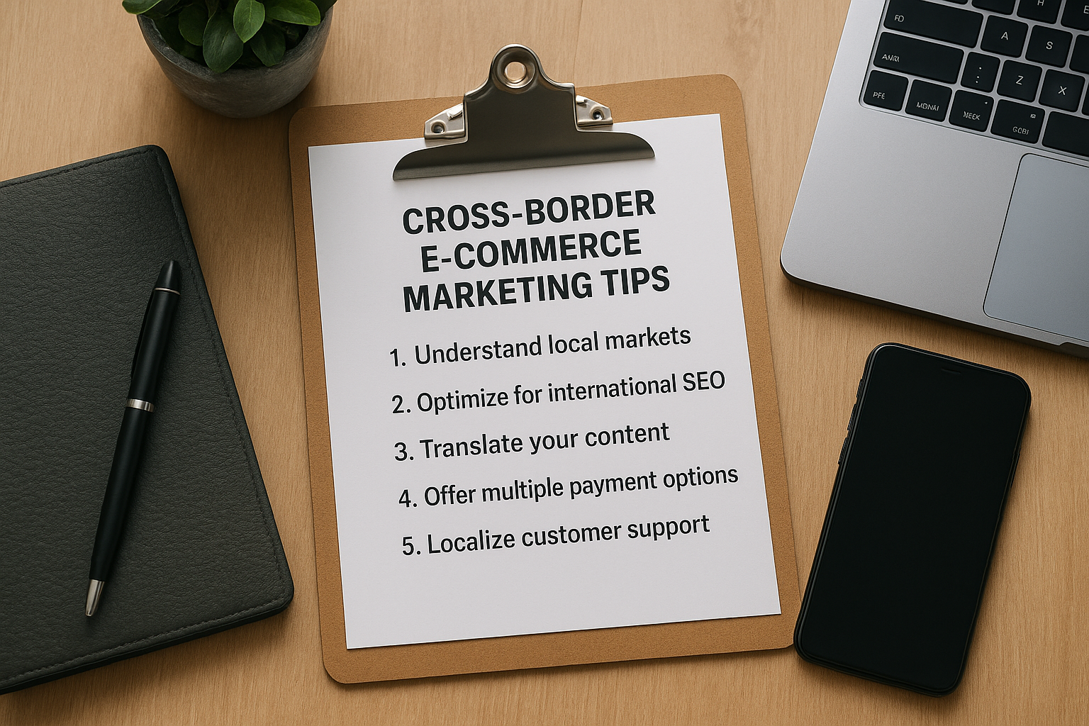 A wooden desk with a clipboard holding a paper titled “Cross-Border E-Commerce Marketing Tips,” listing five points: understand local markets, optimize for international SEO, translate content, offer multiple payment options, and localize customer support. A laptop, smartphone, pen, notebook, and plant surround the clipboard. Cross-Border E-Commerce Marketing Tips