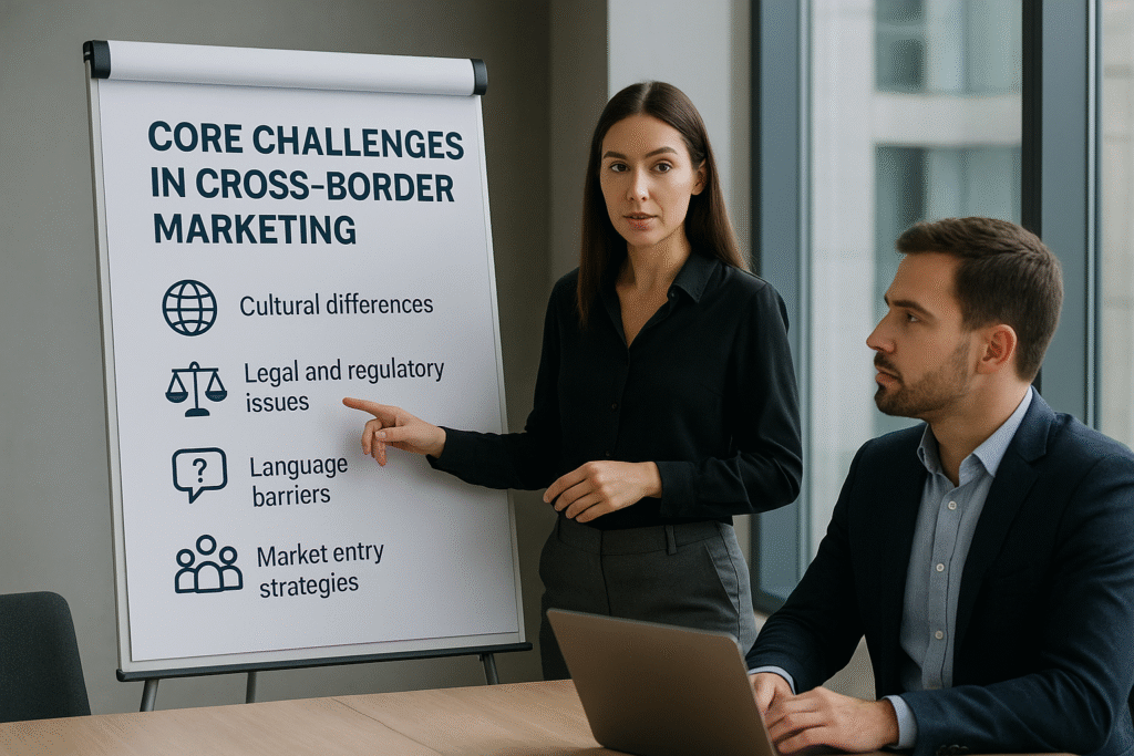 A businesswoman presents a flip chart titled “Core Challenges in Cross-Border Marketing” to a colleague during a meeting. The chart lists cultural differences, legal and regulatory issues, language barriers, and market entry strategies as key points. Cross-Border E-Commerce Marketing Tips