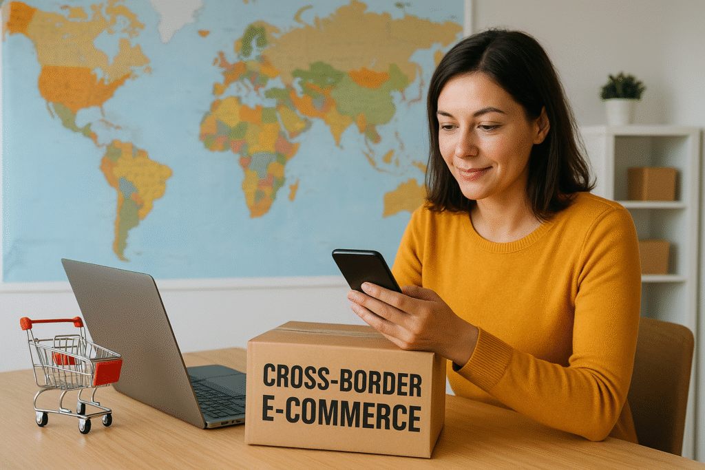 A woman in a mustard-yellow sweater sits at a desk using her smartphone, with a laptop, a small shopping cart, and a cardboard box labeled “Cross-Border E-Commerce” in front of her. A world map is visible in the background, symbolizing international online business. Cross-Border E-Commerce Marketing Tips Cross-Border E-Commerce Marketing Tips Cross-Border E-Commerce Marketing Tips