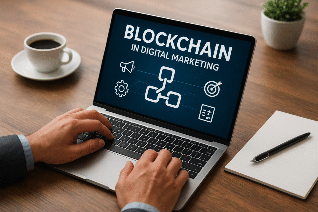 A person working on a laptop displaying the phrase “Blockchain in Digital Marketing,” with icons representing marketing, data, and technology. A notebook, pen, and coffee cup sit on the wooden desk in a well-lit office setting. Blockchain in Digital Marketing Opportunitie Use