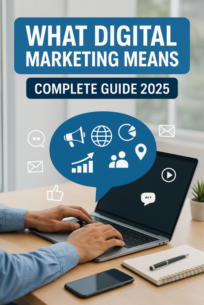 A person working on a laptop at a modern desk with digital marketing icons and the title “What Digital Marketing Means | Complete Guide 2025” displayed on the screen. What Digital Marketing Means | Complete Guide 2025