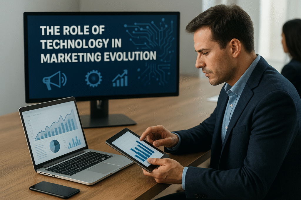 Alt Text: A marketing professional in a modern office analyzes digital marketing data using a tablet and laptop, with a monitor displaying the title “The Role of Technology in Marketing Evolution.” What Digital Marketing Means | Complete Guide 2025