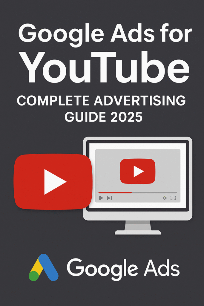 A realistic digital cover image titled “Google Ads for YouTube: Complete Advertising Guide 2025,” featuring the YouTube play button, a computer monitor displaying a YouTube video interface, and the Google Ads logo on a dark background. Google Ads for YouTube: Complete Advertising 2025